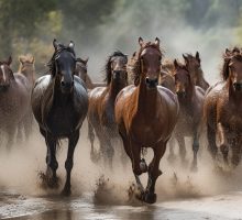 Running herd of horses graze in meadow generated by artificial intelligence